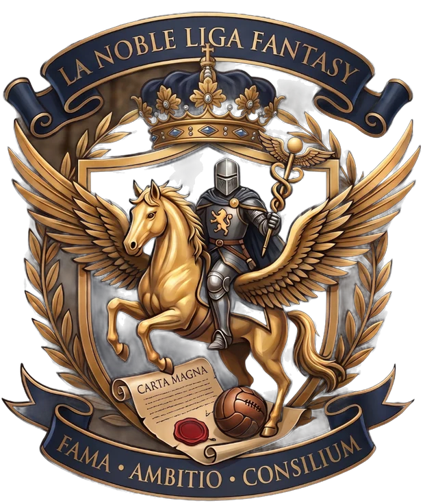 Escudo de La Noble Liga Fantasy: caballero sobre un pegaso dorado, laureles, corona y la Carta Magna con su sello